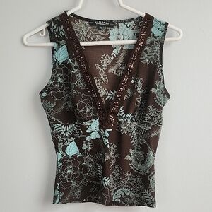 Vtg Rampage Top Deep V Neck Juniors M Knit Brown Print Sequin Trim